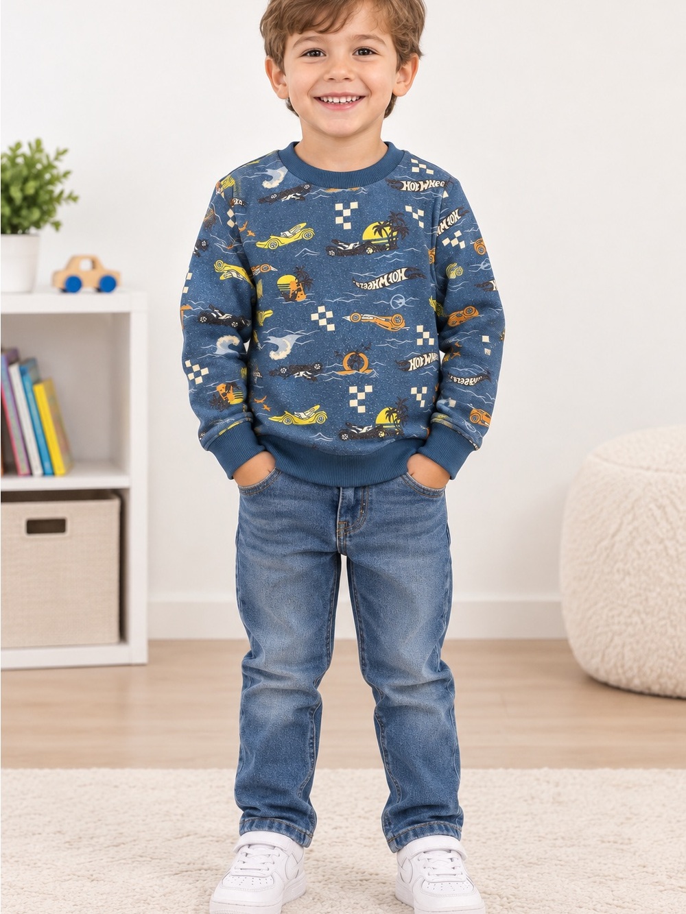 Boys Blue Graphic Pullover Sweatshirt with Race Car Prints